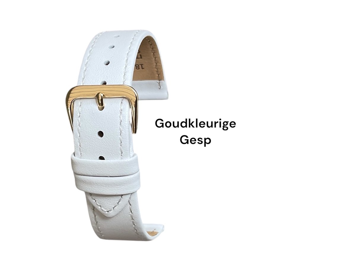Horlogeband-18mm-echt leer-zacht-plat-mat-wit-goudkleurige gesp-18 mm