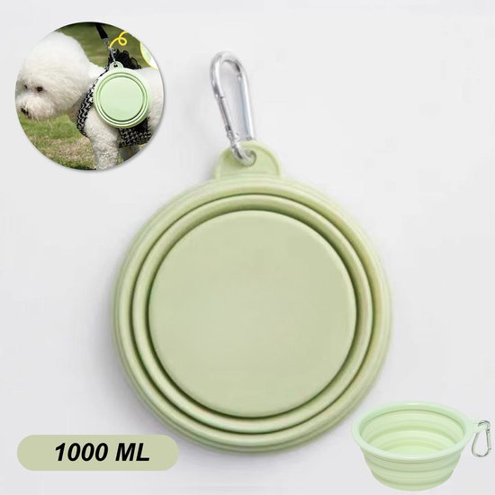 Colorful Sun® Opvouwbare Voerbak- en Water met Karabijnhaak – 1000ML – Voerbak & Reisdrinkbak in Eén – Siliconen Hondenbak voor Onderweg – Compact & Licht – Met Ophanghaakje – Groen