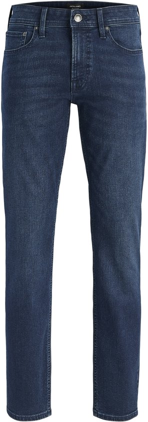 Donkerblauwe herenjeans met rechte pijpen, met knoopsluiting, zonder model.