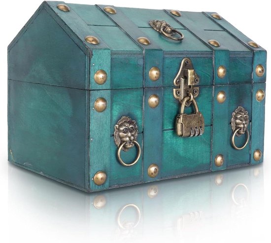 Foto: Houten piratenschatkist met cijferslot handgemaakt vintage design sieraden en desktopopslag piratenthema decoratieve doos groen authentiek ontwerp