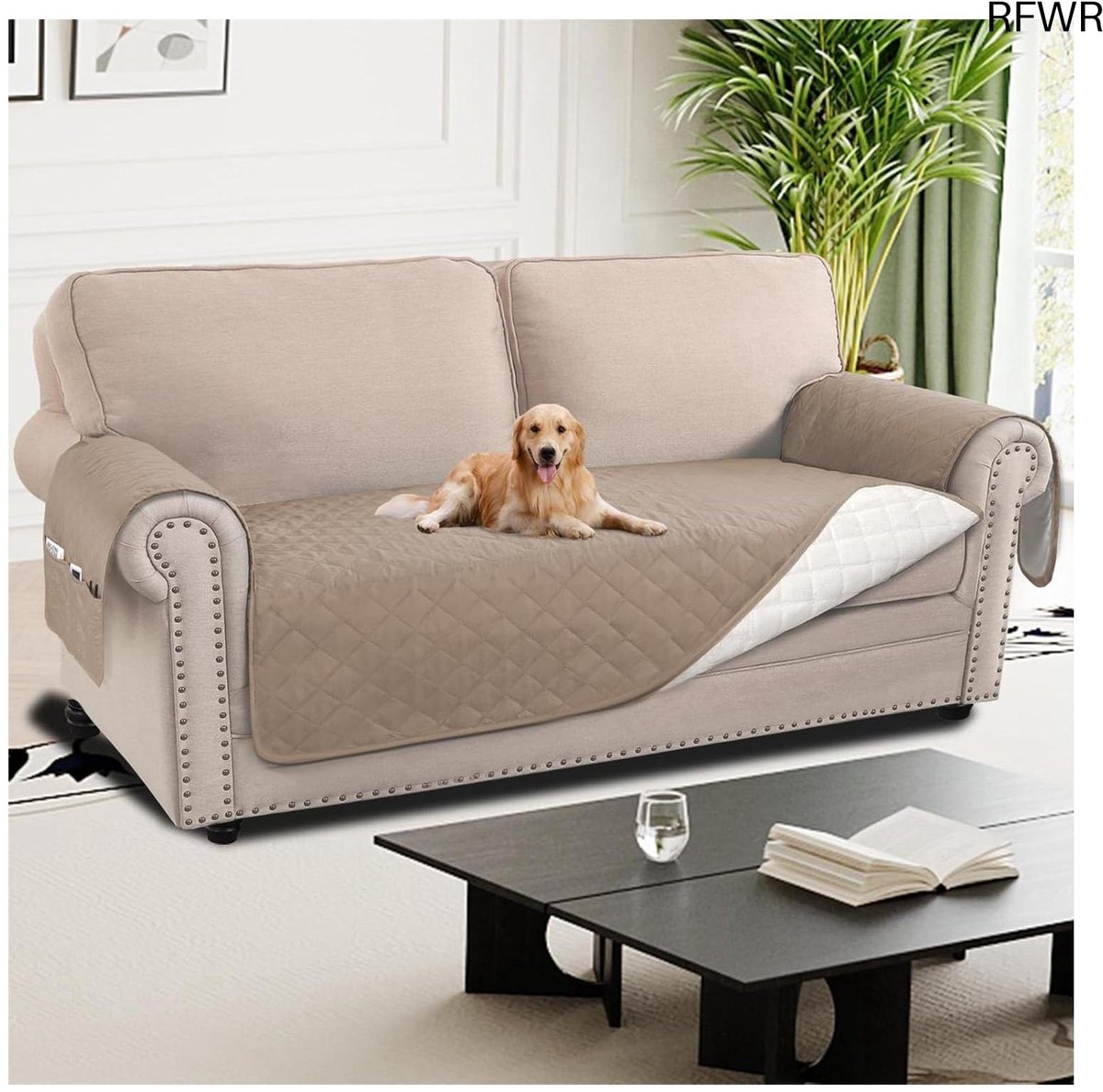 RFWR Waterdichte Bankhoes voor Oversized 2-Zitsbank - Antislip en Wasbaar met Zijvak Beige