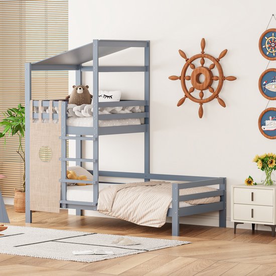 Sweiko Kinderbed 90x200 Stapelbed met dak Premium massief houten bed met lattenbod Grijs