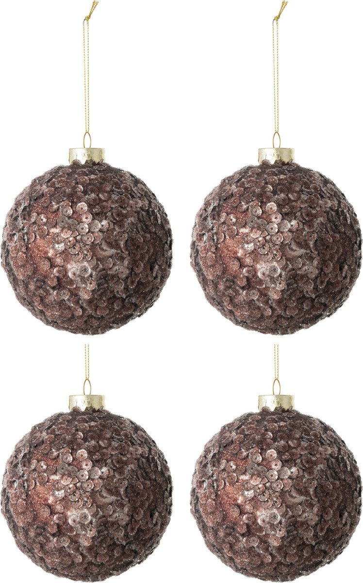J-Line kerstbal Paillettensuiker - glas - donkerbruin - medium - doos van 4