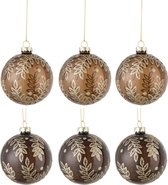 J-Line Doos Van 6 Kerstballen 3+3 Blaadjes Glas Transparant Camel/Bruin Small