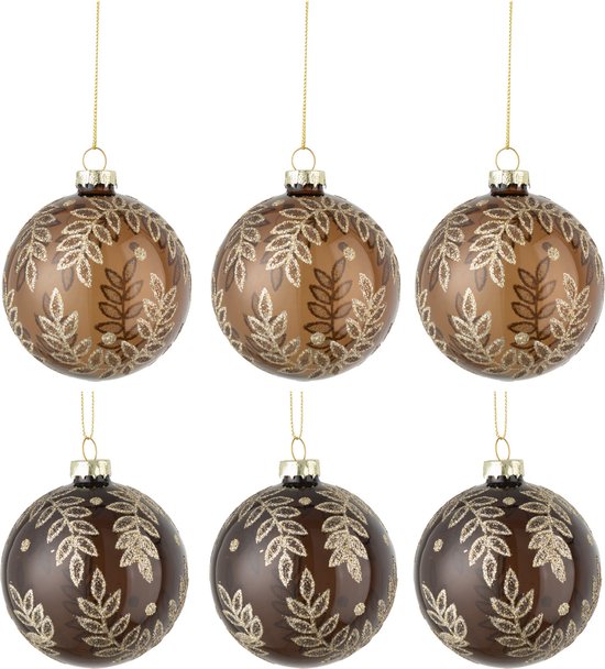 J-Line Doos Van 6 Kerstballen 3+3 Blaadjes Glas Transparant Camel/Bruin Small