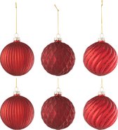 J-Line Kerstballen - glas - geribbeld & geruit - rood - small - doos van 6 stuks