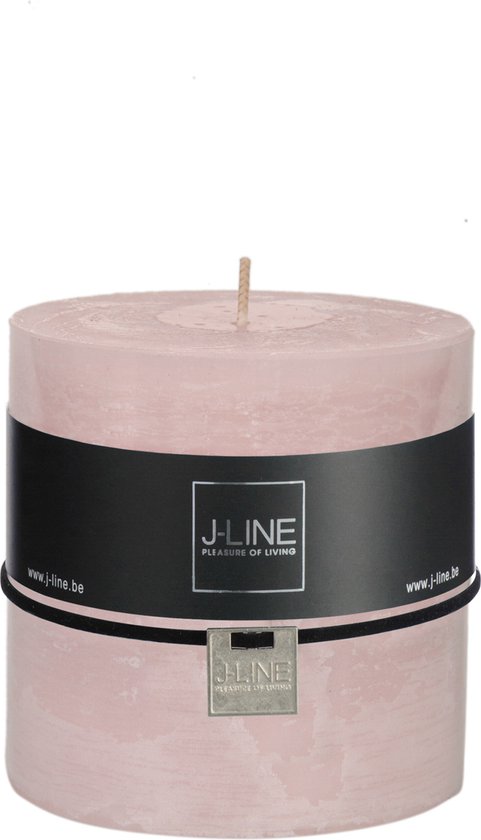 Poederroze cilinderkaars met zwarte band met J-LINE logo.