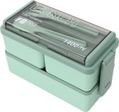 Kleine Lunchbox - 1400ml - Met servies en vakjes x3 - Geschikt voor rijst, noodles, groente, vlees en meer! - Voor kinderen en volwassenen - Groen