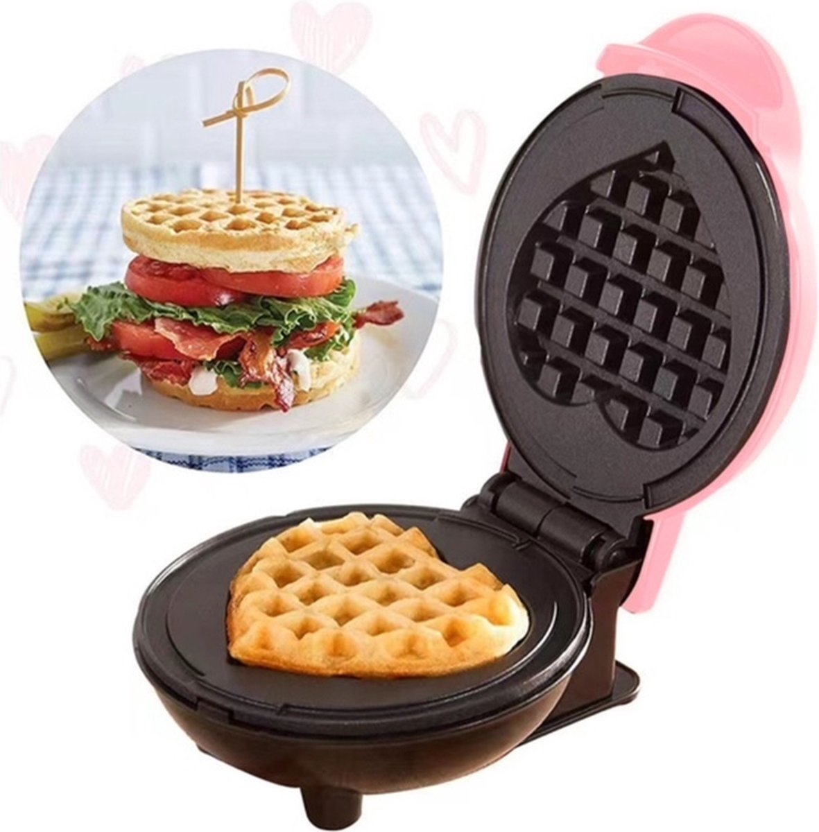 Treasurebycb Treasuresbycb mini-wafelijzer voor klassieke wafels hartjes vorm hartjes wafelijzer met antiaanbaklaag voor kinderfeestjes Familiefeest Pasen of Kerst retro design roze