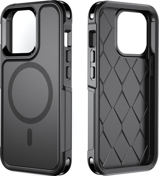 Coque MagSafe noire pour iPhone 13 Pro Max, avec anneau magnétique et motif nid d'abeille à l'intérieur.