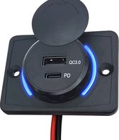 12V USB C Autolader 2 Poorten Opbouw - QC3.0 - QT037-3 - USB Stopcontact Auto, Boot en Camper - Blauw