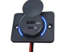 12V USB C Autolader 2 Poorten Opbouw - QC3.0 - QT037-3 - USB Stopcontact Auto, Boot en Camper - Blauw