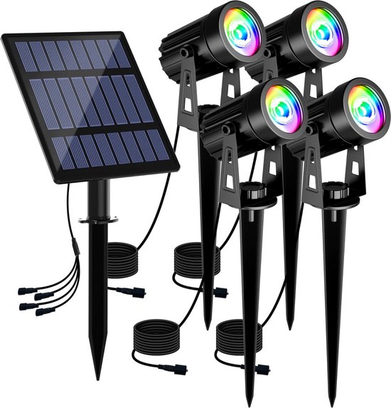 Lichtendirect- Tuinverlichting op Zonne-energie - RGB Kleuren - 4 LED Spots- Tuinspot - Waterdicht – Kantelbaar - Lantaarn - Buitenlamp - Wandlamp - Solar tuinverlichting