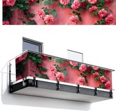 Balkonscherm 500x110 cm - Balkonposter Roze - Bloemen - Rozen - Bladeren - Balkon scherm decoratie - Balkonschermen - Balkondoek zonnescherm
