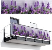 Balkonscherm 300x80 cm - Balkonposter Bloemen - Planten - Paars - Groen - Wit - Balkon scherm decoratie - Balkonschermen - Balkondoek zonnescherm