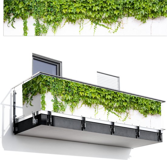 Balkonscherm 500x110 cm - Balkonposter Klimop - Groene bladeren - Muur - Wit - Balkon scherm decoratie - Balkonschermen - Balkondoek zonnescherm