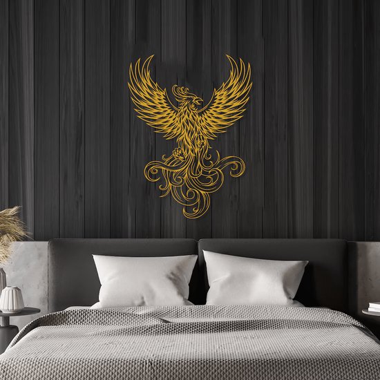 Metalen Phoenix Wanddecoratie met 3D effect! goud 50 x 27 cm