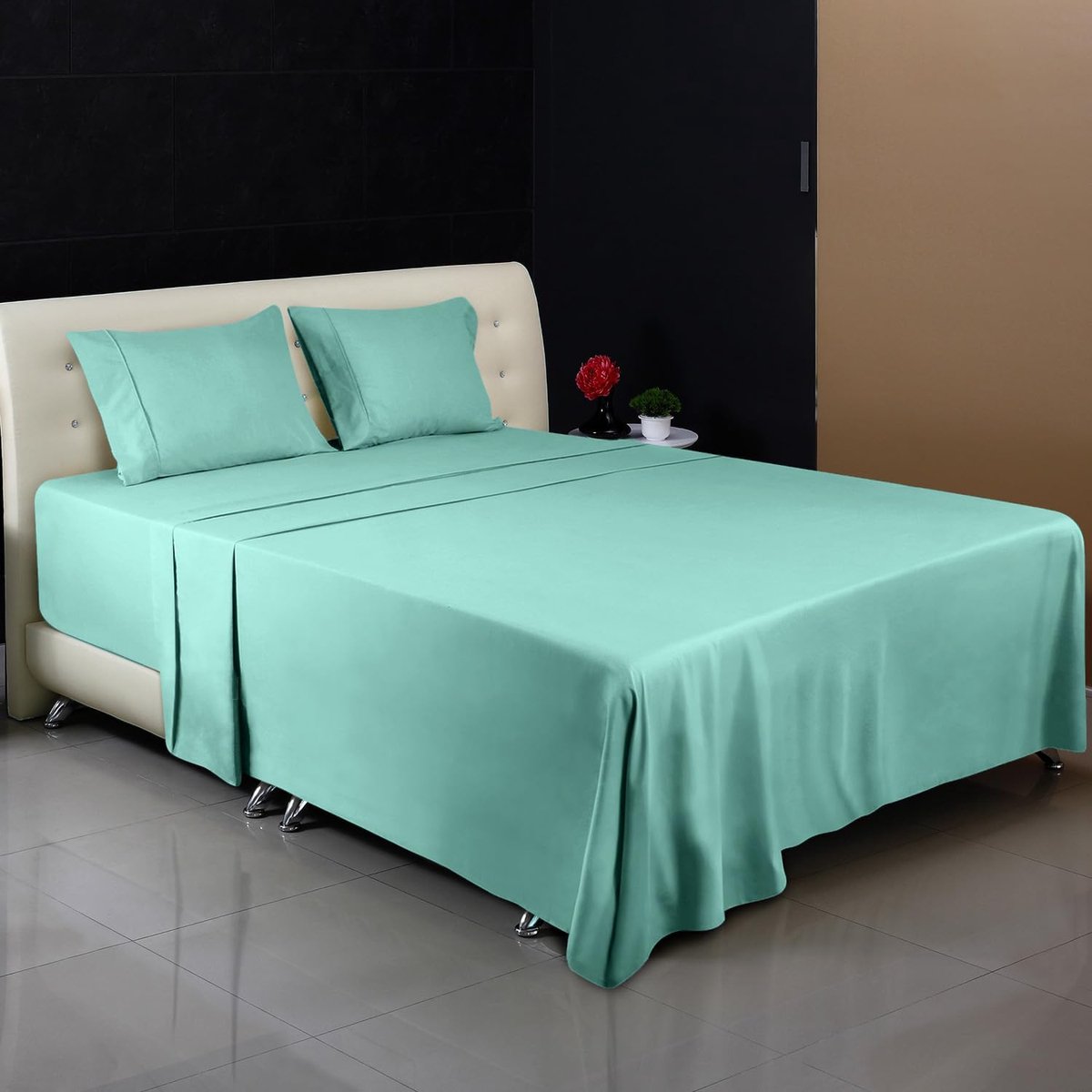 4 Stuk Bedlakenset - Eenvoudig Onderhoud Zacht Geborstelde Microvezel Stof, Vlakke Laken, Hoeslaken met 2 Kussensloop, Krimp en Vervaagt Bestand (Voor Beddenmaat 135x190cm, Spa Blauw)