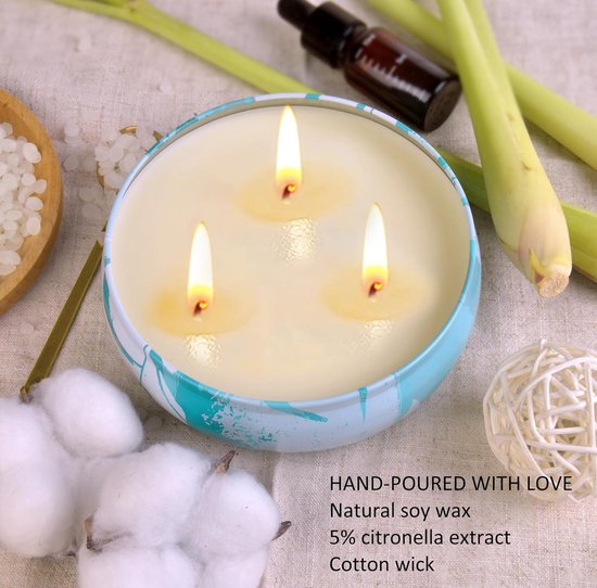 Bougies Citronnelle Extérieur 3 X 400 Ml - 3 Mèches Cire Soja Naturelle | Jusqu'à 270h Anti-Moustiques Jardin & Terrasse