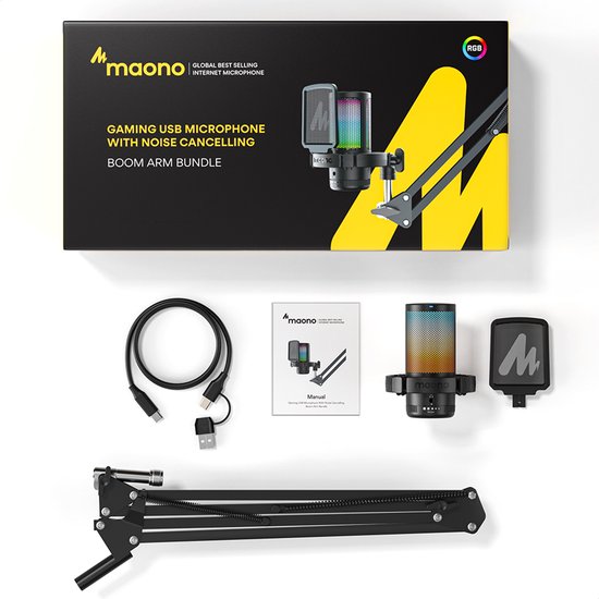 Maono DGM20S - Microphone de Gaming USB avec bras - Convient pour PC, Mac et Playstation - RVB - Zwart