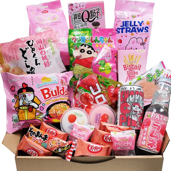 Foto: Pink edition candy snack drink giftbox samyang carnonara noodle mochi roll japan kitkat chocolade japan ramune drink asian snoep snack pakket korean instant ramen jelly straws verjaardagcadeau kerstgeschenk relatiegeschenk