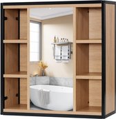 Spiegelkast voor badkamer, badkamerkast met spiegel, kast met badkamerspiegel, hangkast, badkamer, met verstelbare planken, van metaal en hout, 60 x 58 x 16 cm