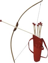 Houten PIJL EN BOOG Blank 100cm. Uitrusting met rug koker rood voor pijlen ( 10 pijlen )