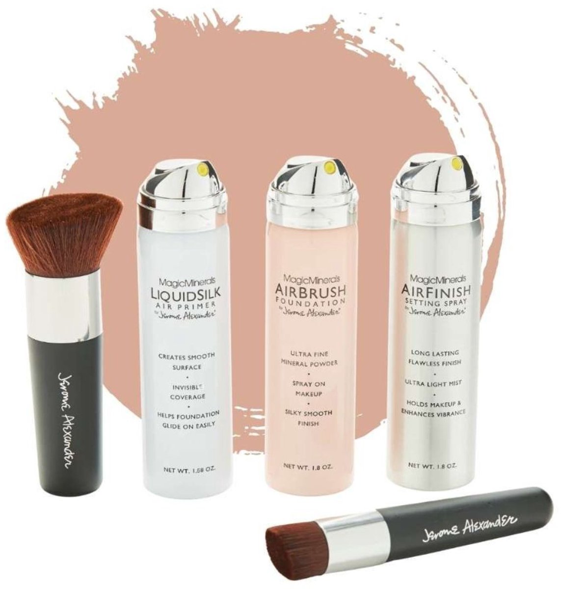 Magic Minerals AirBrush Foundation 5-delige set by Jerome Alexander – Bright/Light – incl. 2 Kabuki kwasten, AirBrush Primer en AirFinish settingspray - Make-up met een natuurlijke dekking