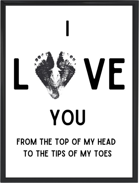 Uniek Vaderdag cadeau | Ingelijste poster 'I love you' | Persoonlijk cadeau | A4 formaat zwarte kunststof fotolijst inclusief poster | DIY | Origineel cadeau man | Inkt/verf niet ingebegrepen | Personaliseer zelf met voetafdruk