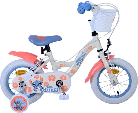 Disney Stitch Kinderfiets Meisjes 12 inch Twee handremmen Crème Koraal Blauw