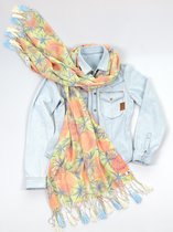 YELIZ YAKAR - Luxe dames Pashmina sjaal / omslagdoek " Aludra "- enkel exemplaar - met multikleur bloemenprint en extra franjes - luxecadeau - handmade - designer kleding- trendy sjaal - zomer sjaal- luxecadeau