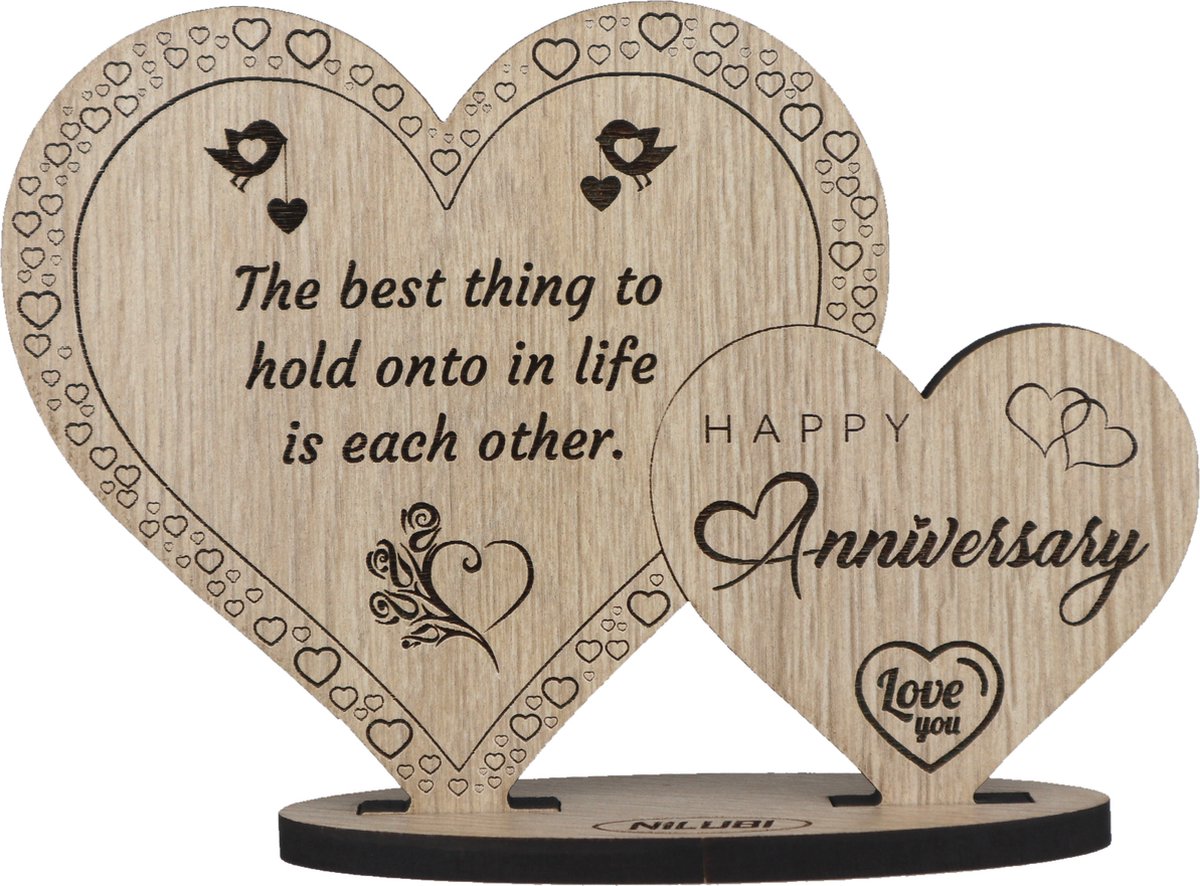 Hartjes jubileum - houten wenskaart - kaart van hout - … jaar getrouwd - Happy Anniversary - 12.5 x 17.5 cm