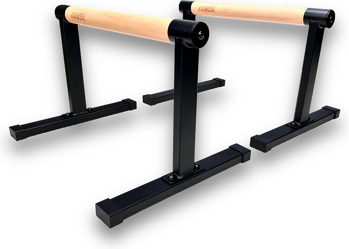 KRAKEN Parallettes 30 CM Hoog - Push Up Bars Opdruksteunen - Dip Bars Calisthenics - Houten Beukenhout Grip 4 cm Diameter - Poedergecoat Staal Frame - Max. 150 kg Belastbaar - Anti-Slip Voetjes - Bodyweight - Turnen, L-sit, Dips en Krachttraining