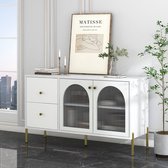 Sweiko Meuble blanc de 120 cm de long, meuble de rangement, meuble à vaisselle, plan de travail imitation marbre, avec étagères réglables, meuble avec 2 portes et 2 tiroirs, meuble avec portes vitrées
