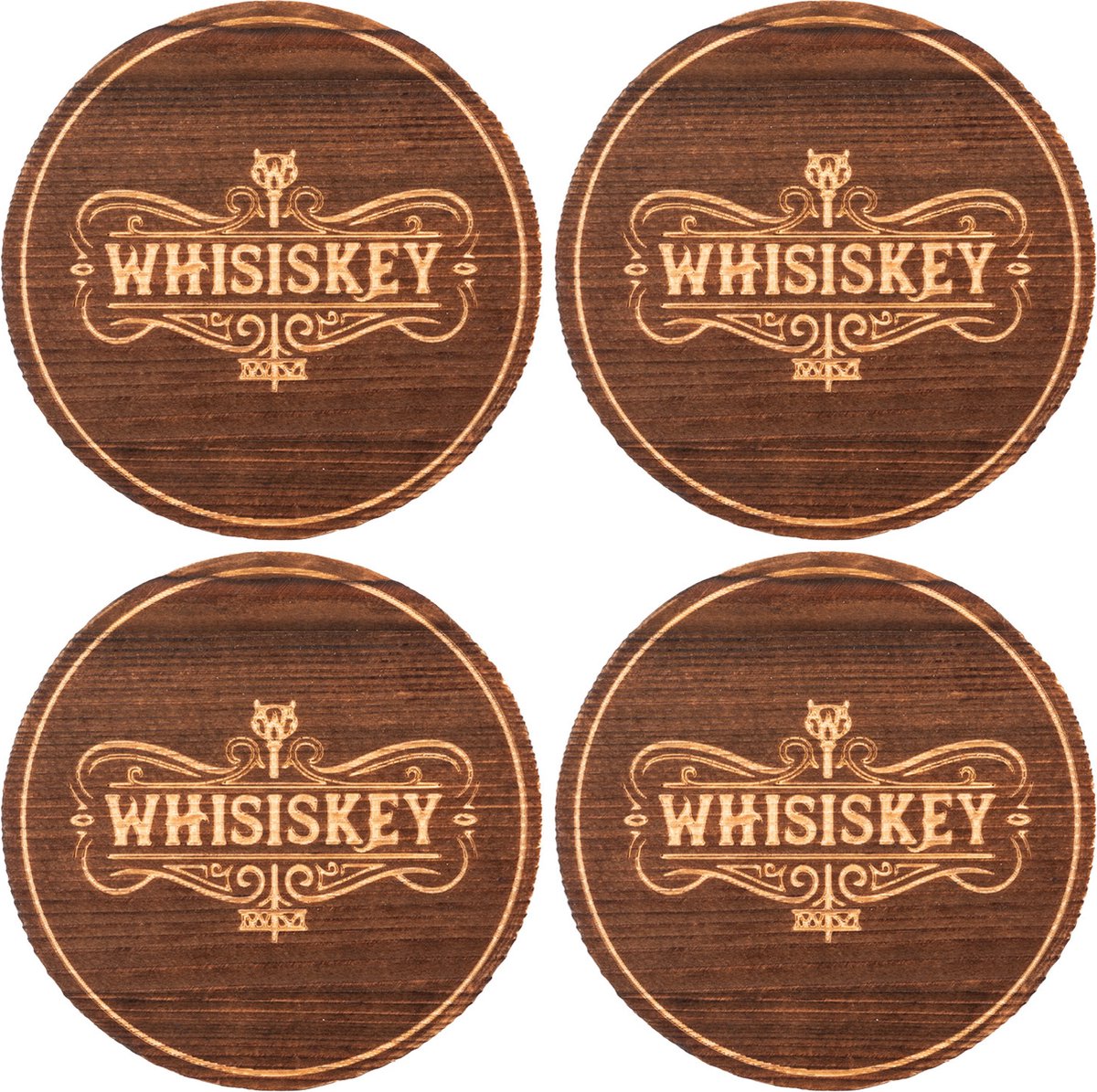 Whisiskey Onderzetters - Hout - 4 Whisky Onderzetters - Onderzetters voor Glazen - Onderzetters Design - Whiskey Glazen