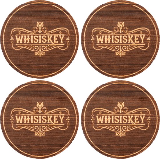 Whisiskey Onderzetters - Hout - 4 Whisky Onderzetters - Onderzetters voor Glazen - Onderzetters Design - Whiskey Glazen - Cadeau