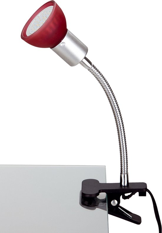 Trango LED Klemlamp 2989-012 *EASY* Tafellamp I Leeslamp I Clip Lamp met Rode Glazen Lampenkap, Klemspot I Nachtlampje I Bureaulamp incl. 1x 5 Watt GU10 3000K warm witte LED lamp