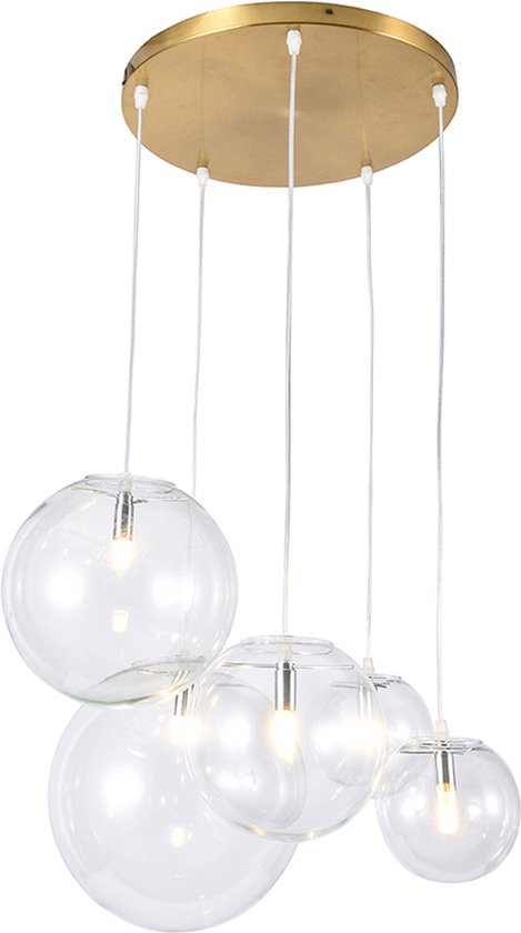 Olucia Lissa - Lampe à suspension Design - 5L - Glas/ Métal - Or;Transparent - Ronde - 50 cm
