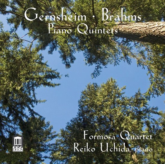 Albumhoes met tekst 'Gernsheim Brahms Piano Quintets' en 'Formosa Quartet Reiko Uchida piano' tegen een achtergrond van groene boomtoppen en blauwe lucht.