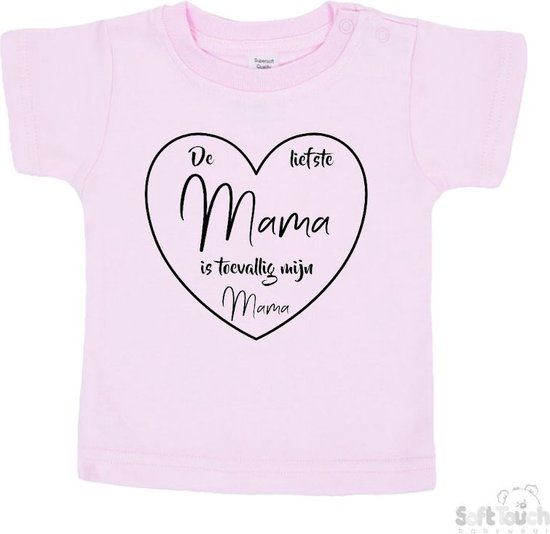 Soft Touch T-shirt Shirtje Korte mouw "De liefste mama is toevallig mijn mama" Unisex Katoen Roze/zwart Maat 62/68