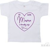 Soft Touch T-shirt Shirtje Korte mouw "De liefste mama is toevallig mijn mama" Unisex Katoen Wit/paars Maat 62/68