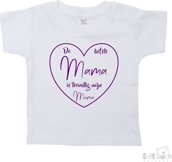 Soft Touch T-shirt Shirtje Korte mouw "De liefste mama is toevallig mijn mama" Unisex Katoen Wit/paars Maat 62/68