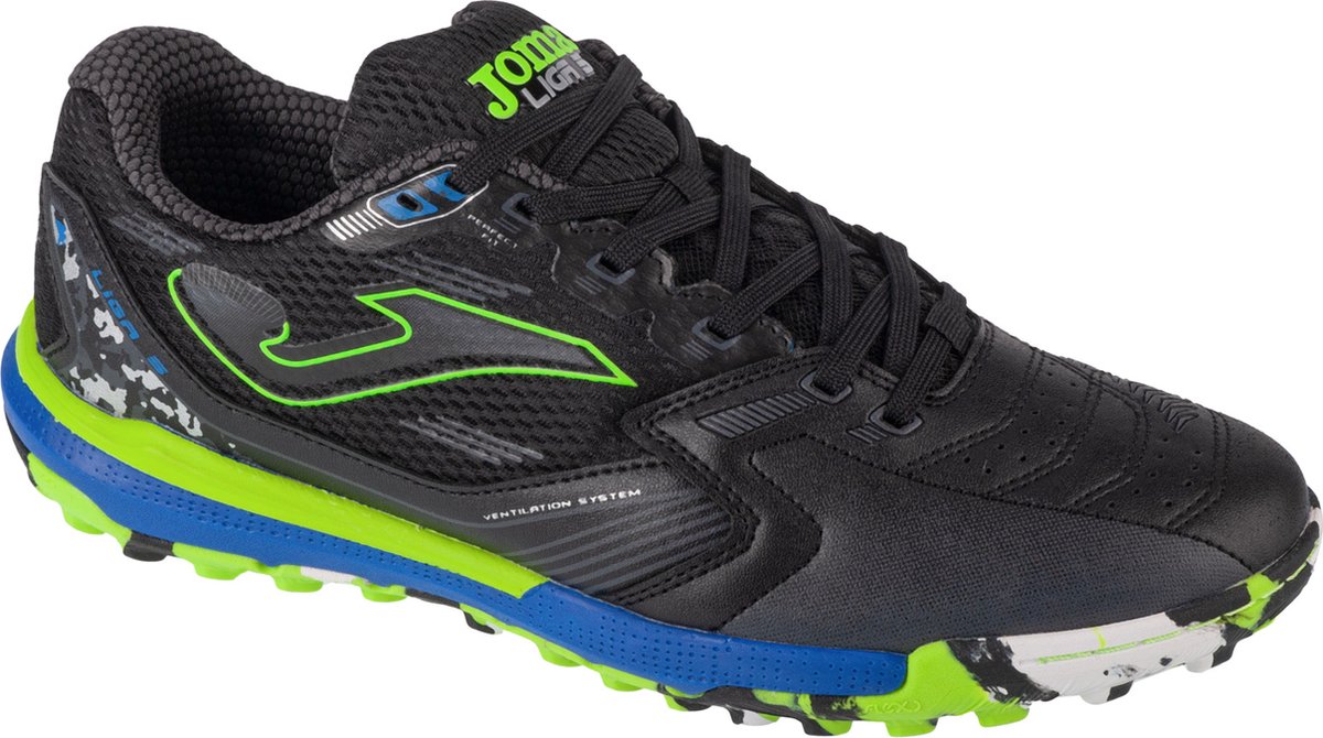 Zwarte Joma Liga 5 2401 TF voetbalschoenen voor mannen, maat 41, van synthetisch leder met groene en blauwe accenten.