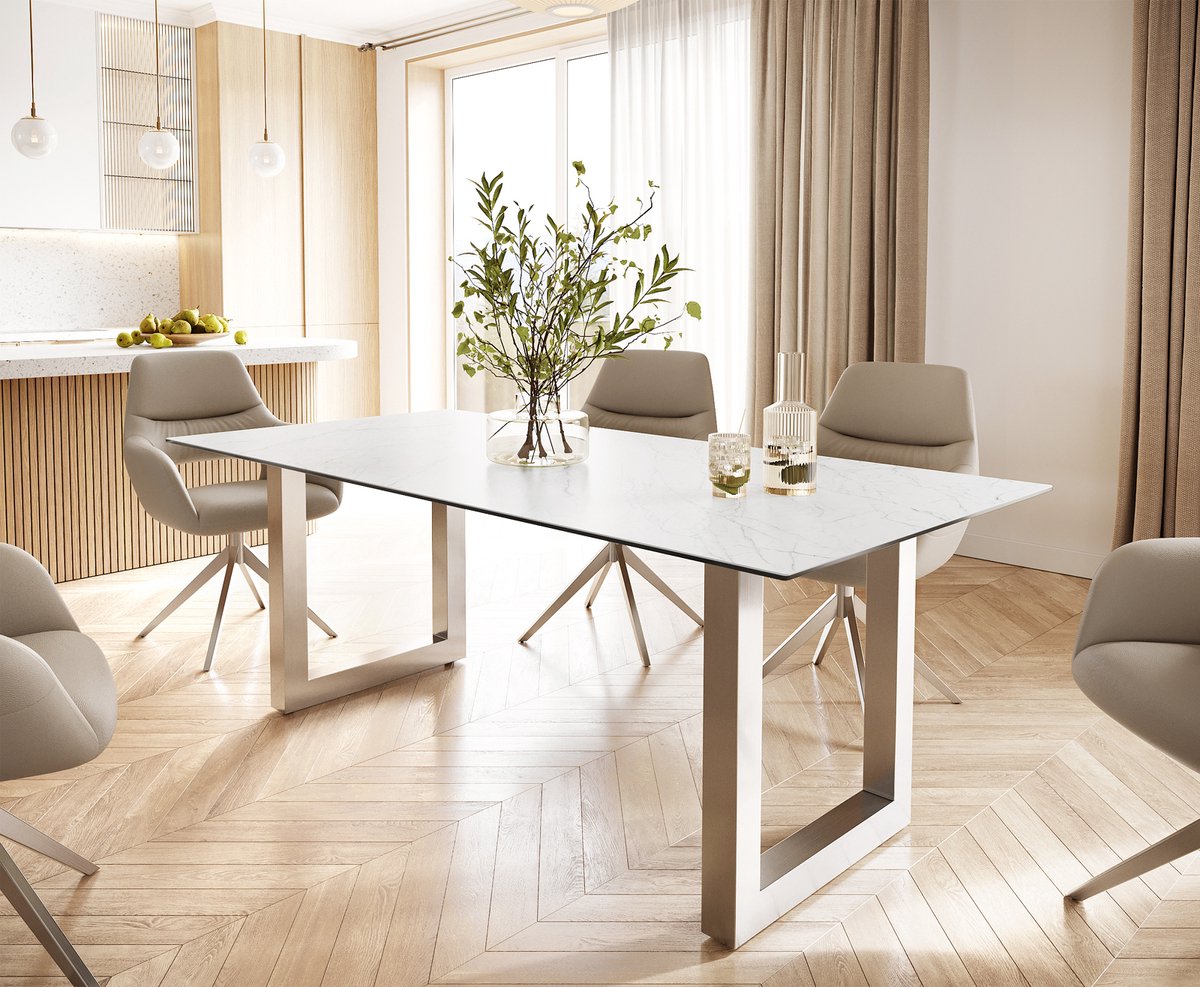DELIFE Eettafel Edge keramiek Laminam® Statuarietto wit 200x100 roestvrij staal breed Statuarietto Weiß