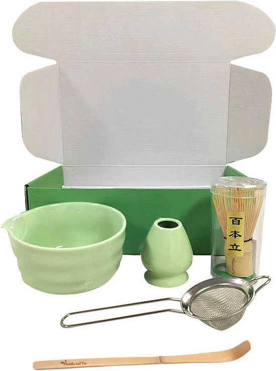 Foto: Matcha and tea matcha set groen 5 delig matcha klopper zeef klopper houder kom en bamboe lepel