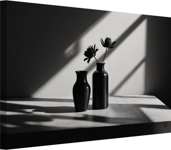 Zwart witte stilleven scene wanddecoratie - Vaas schilderijen - Muurdecoratie Voorwerp - Schilderij vintage - Canvas - Decoratie kamer 150x100 cm