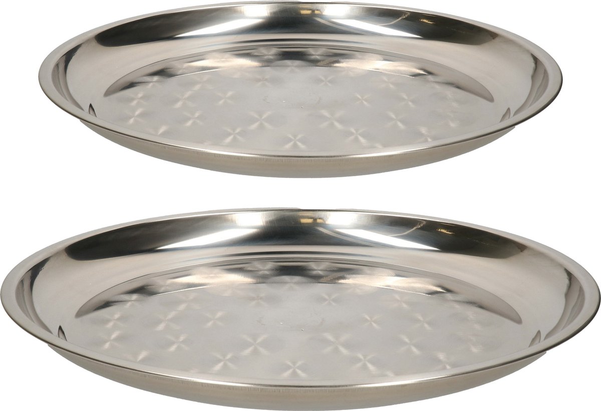 B-Home serveerschalen set - 2x stuks - rond - zilver - rvs - dia 30 en 50 cm - voedsel serveren
