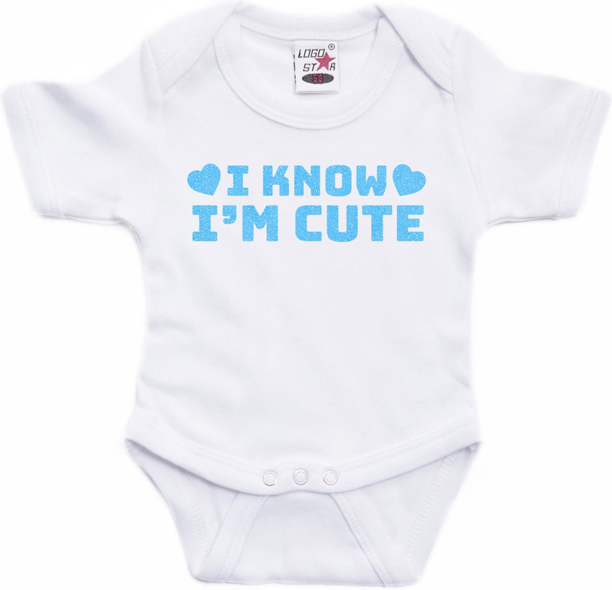 Bellatio Decorations Baby rompertje - i know i'm cute - blauw - glitter - kraam cadeau 80