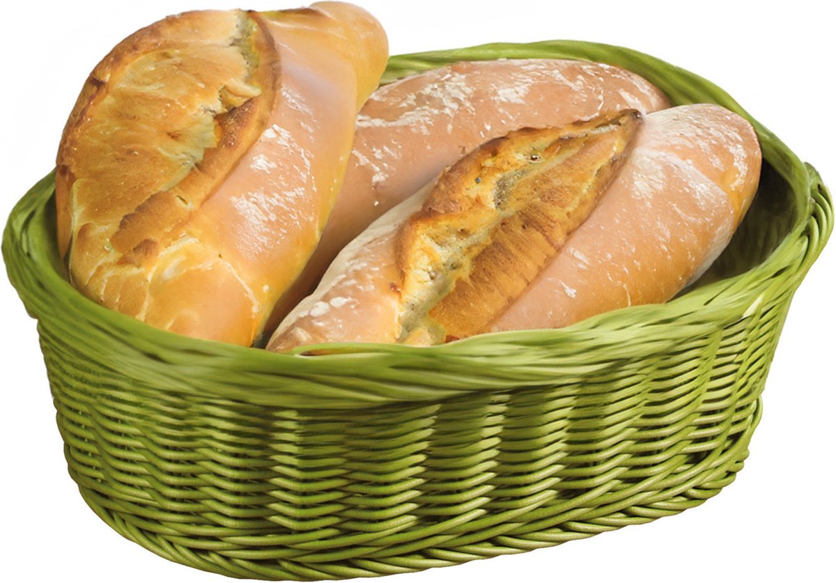 Kesper Brood/fruit mandje - gevlochten kunststof - olijfgroen - ovaal - L29 x B23 x H9 cm - broodmandjes - serveermandjes - fruitmanden