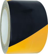Markeringstape textiel - geel zwart - 25 meter breedte 75 mm linkswijzend